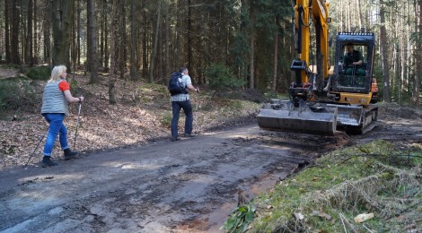 Nach dem Einsatz von Maschinen auf den Waldwegen im Nationalpark glättet ein Mitarbeiter der Nationalparkverwaltung mit einm kleinen Bagger den Weg
