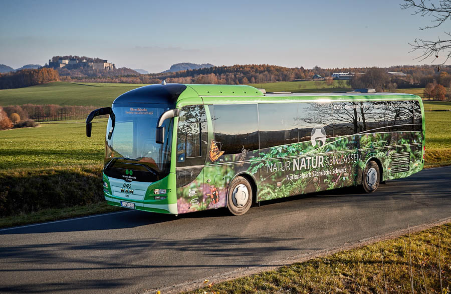 Kein neuer Flixbus! Der "Naturbus" präsentiert sich in charmantem Grün vor der Festung Königstein. Inzwischen ist er im Linienbetrieb unterwegs.