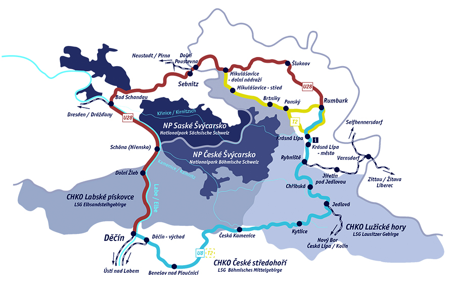 Die Eisenbahnstrecken U28 und U8/T2 umspannen die beiden Nationalparks.